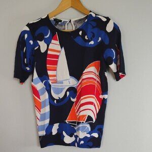 Talbots Red Blue Sailing Ocean Wave Graphic Design Fitted Top Size MP Nautical